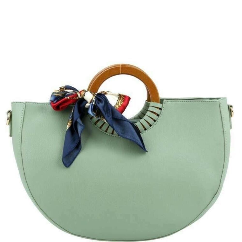 2-Way Scarf Accent Wooden Top Handle Handbag Casual Women Satchel Travel - Picture 2 of 2